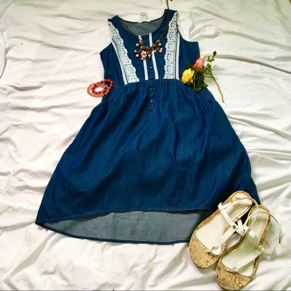 Guess denim high low dress with crochet lace